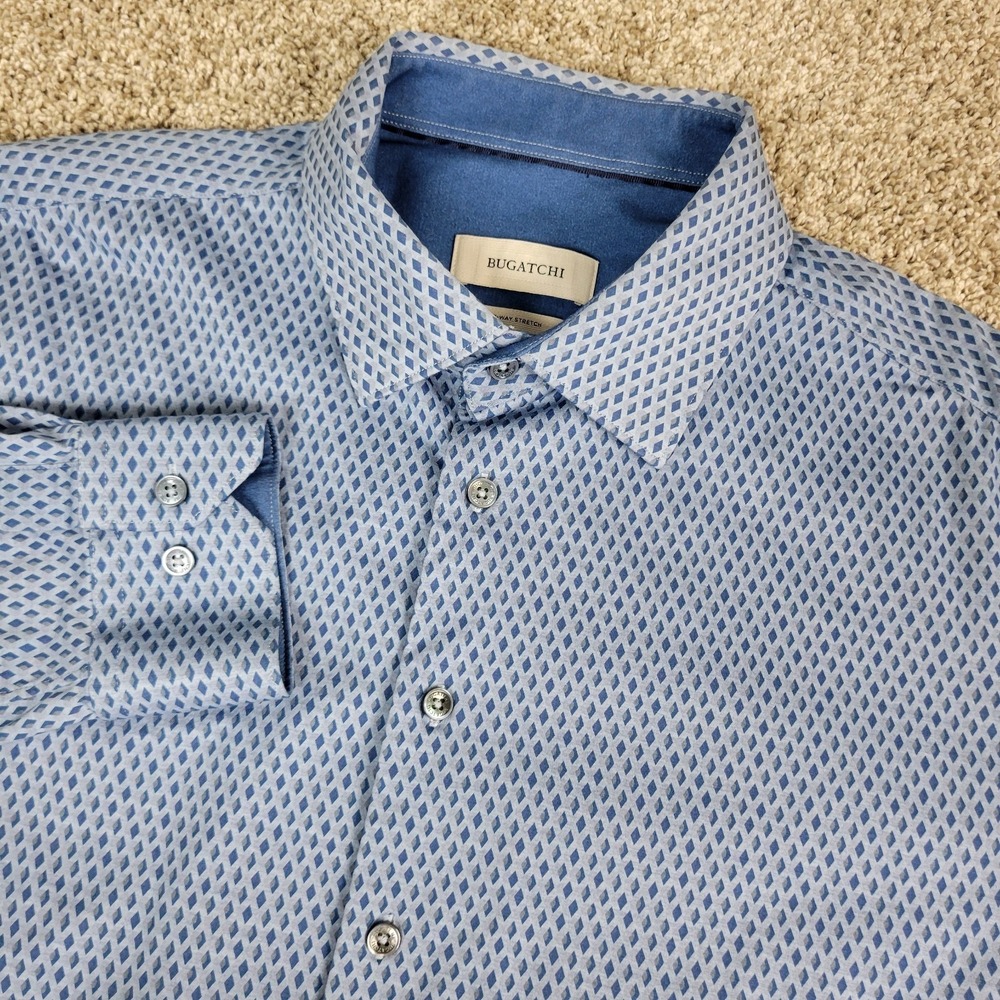 Bugatchi 8 Way Stretch Mens XL Blue AOP Geometric Button Up Long Sleeve